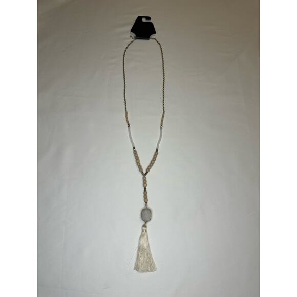 Long Beaded Tassel Necklace with Quartz Crystal Pendant - Picture 1 of 3